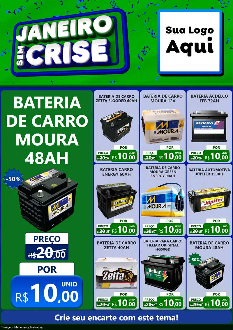 Modelo de Encarte para Encarte A4 Vertical com o tema Janeiro Sem Crise para Baterias Elétricas