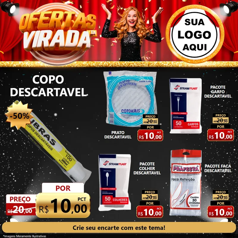 Modelo de Rede Social para Feed Facebook com o tema Ofertas da Virada para Embalagens