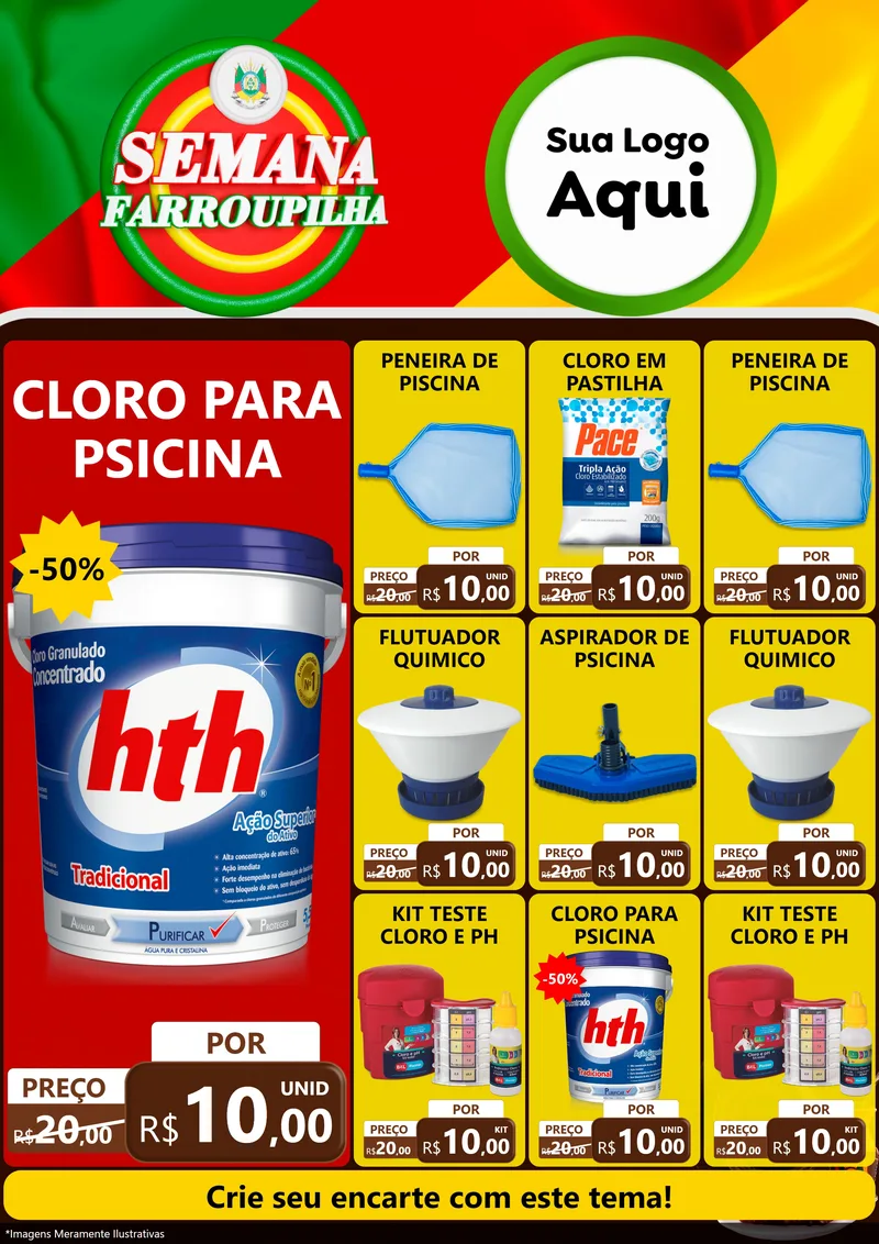 Modelo de Encarte para Encarte A4 Vertical com o tema Semana Farroupilha para Produtos para Piscina