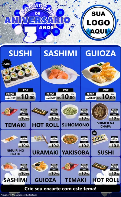 Modelo de Encarte para Encarte Grande com o tema Promoção de Aniversário - 3 Anos para Comida japonesa