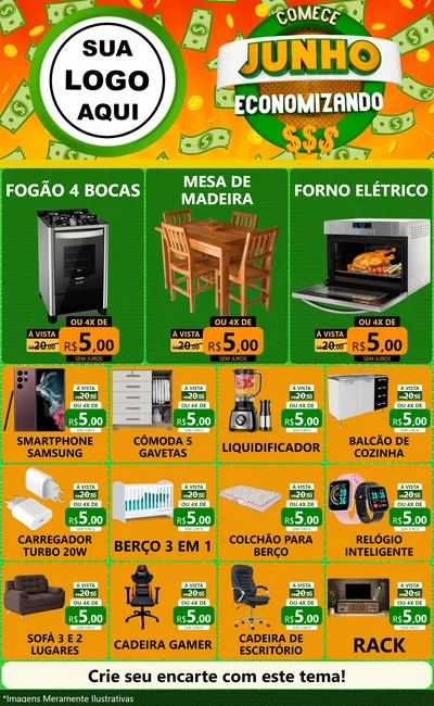 Modelo de Encarte para Encarte Grande com o tema Comece Junho Economizando para Móveis e Eletro