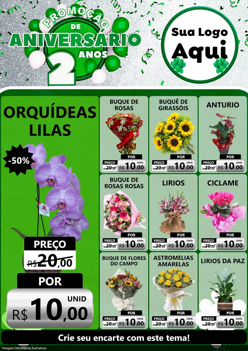 Modelo de Encarte para Encarte A4 Vertical com o tema Promoção de Aniversário - 2 Anos para Floricultura e jardim