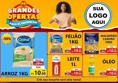 Modelo de Encarte para Encarte A4 Horizontal com o tema Grandes Ofertas Para Economizar! para Supermercado