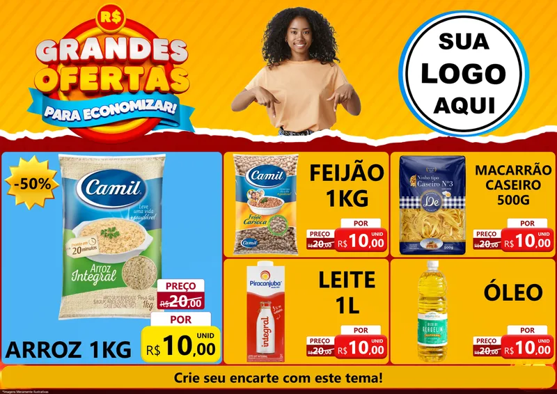 Modelo de Encarte para Encarte A4 Horizontal com o tema Grandes Ofertas Para Economizar! para Supermercado
