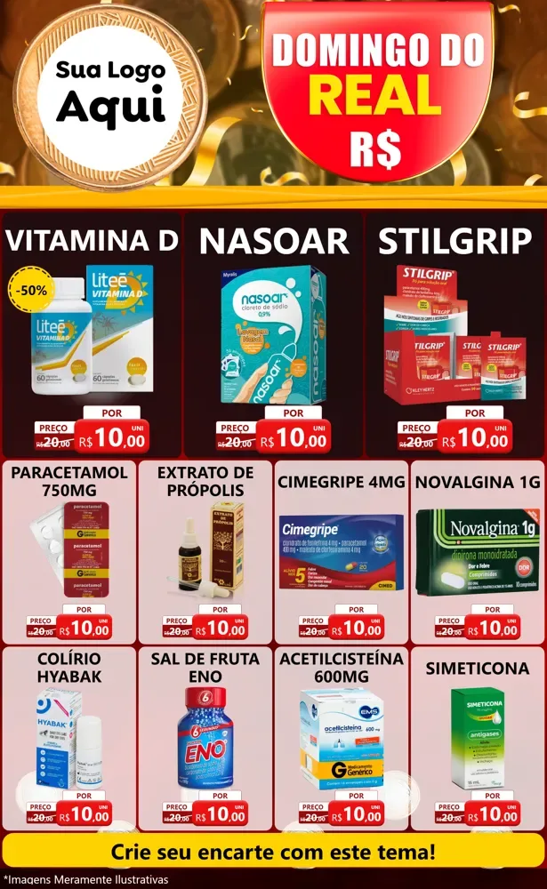 Modelo de Encarte para Encarte Grande com o tema Domingo do Real para Farmácia