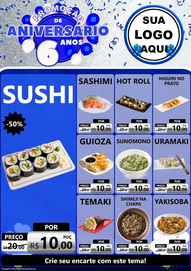 Modelo de Encarte para Encarte A4 Vertical com o tema Promoção de Aniversário - 6 Anos para Comida japonesa