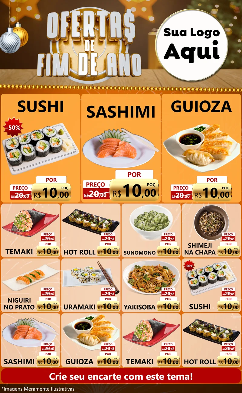 Modelo de Encarte para Encarte Grande com o tema Ofertas de Fim de Ano para Comida japonesa
