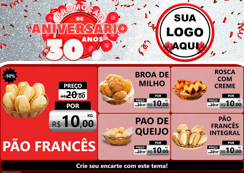 Modelo de Encarte para Encarte A4 Horizontal com o tema Promoção de Aniversário - 30 Anos para Padaria