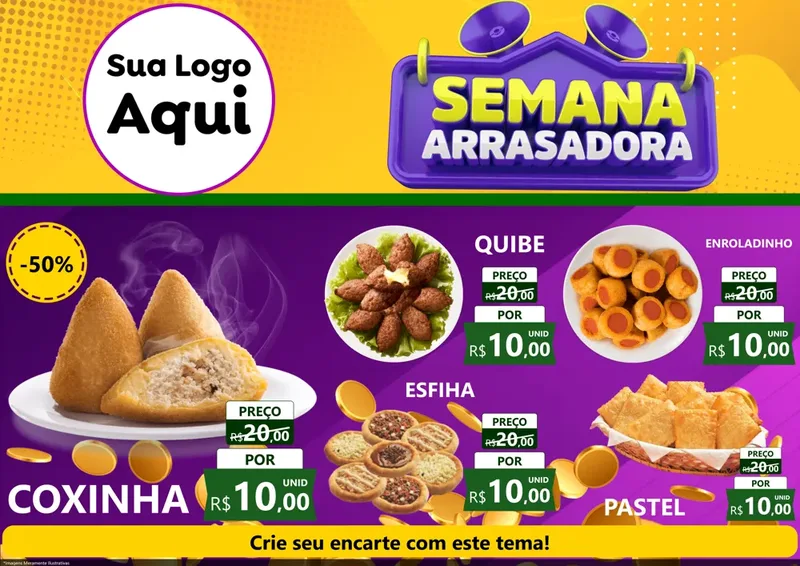 Modelo de Encarte para Encarte A4 Horizontal com o tema Semana Arrasadora para Salgadaria