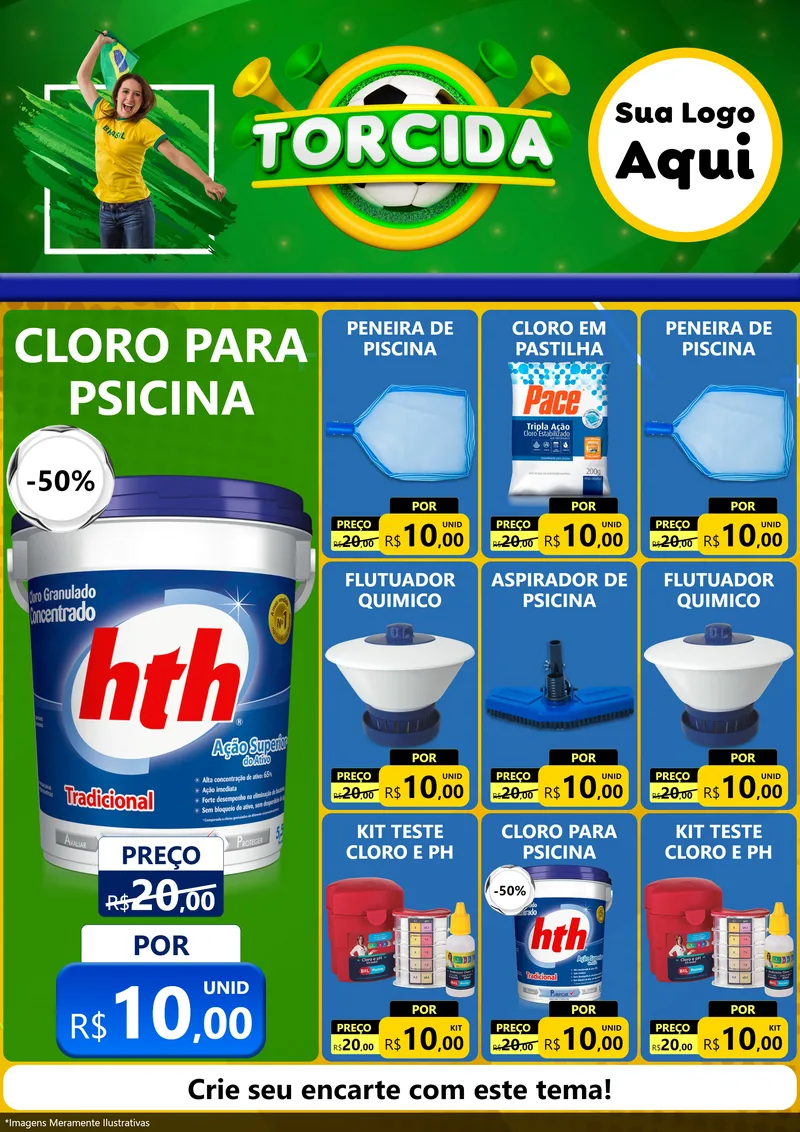 Modelo de Encarte para Encarte A4 Vertical com o tema Torcida para Produtos para Piscina