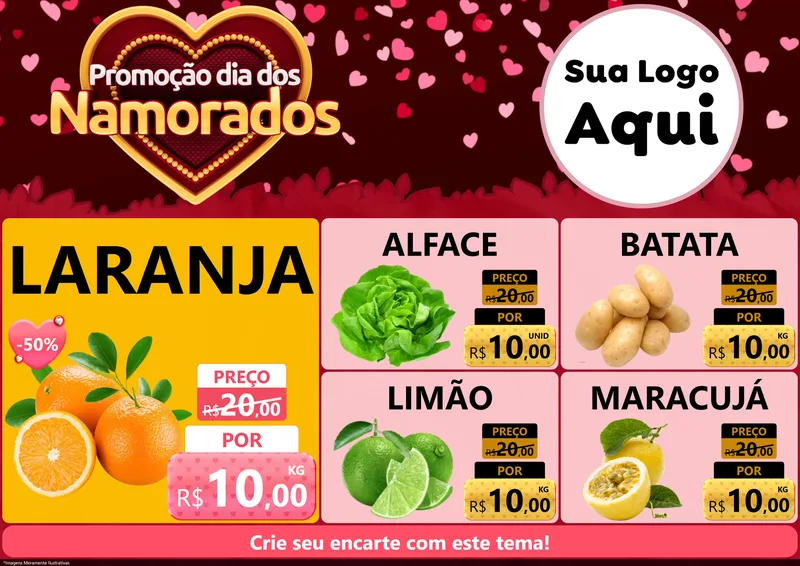 Modelo de Encarte para Encarte A4 Horizontal com o tema Promoção Dia Dos Namorados para Hortifrúti