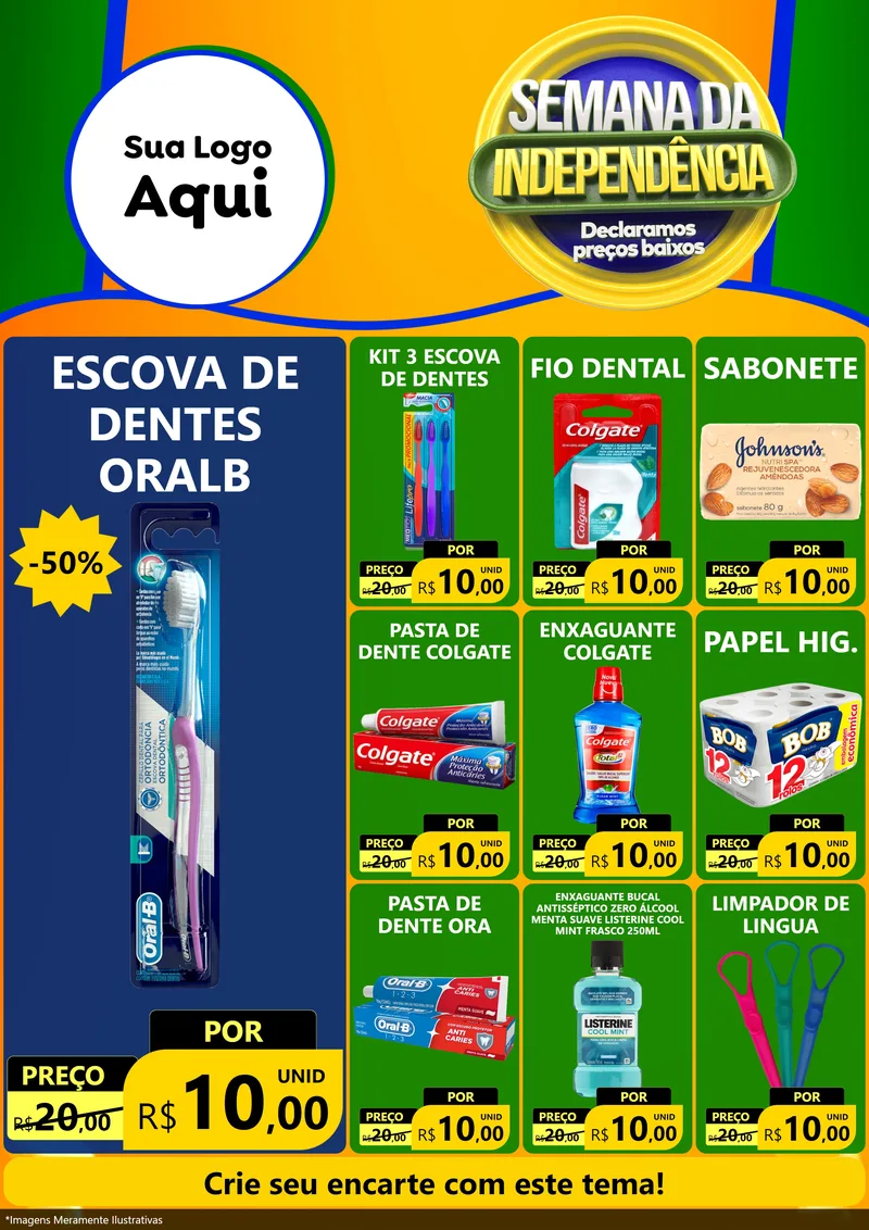 Modelo de Encarte para Encarte A4 Vertical com o tema Semana da Independência Declaramos Preços Baixos para Higiene Pessoal