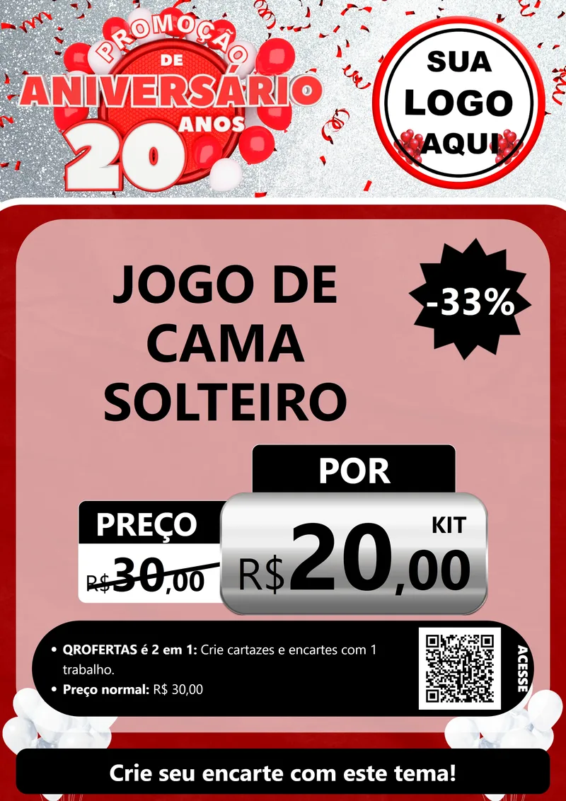 Modelo de Cartaz para Cartaz A4 Vertical com o tema Promoção de Aniversário - 20 Anos para Cama, Mesa e Banho
