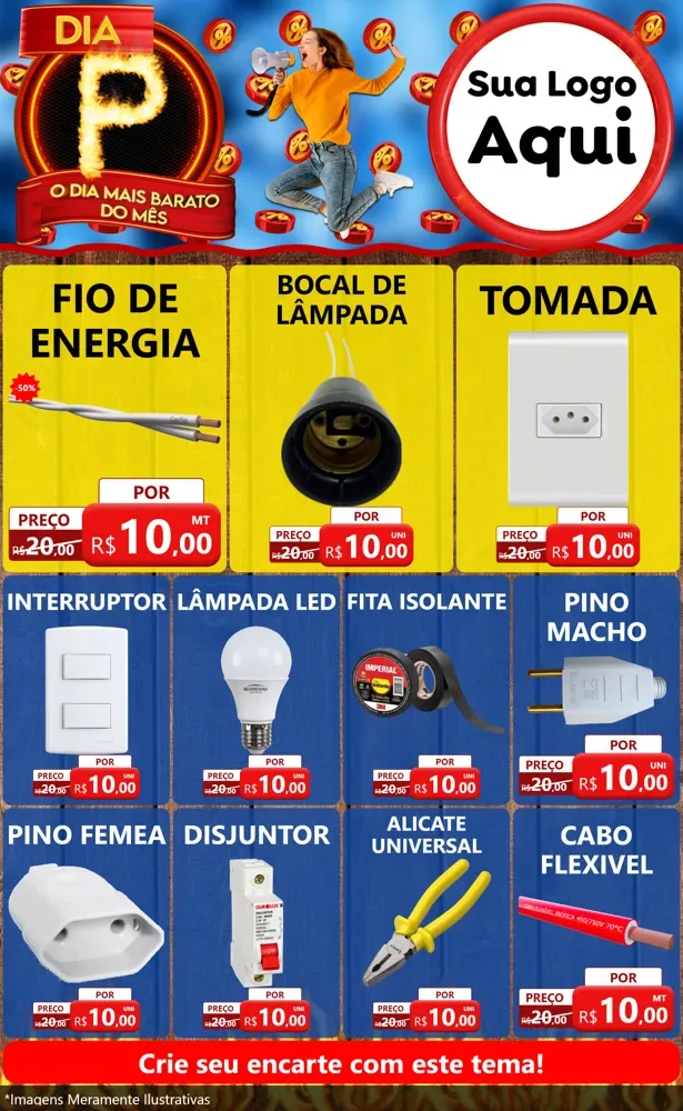 Modelo de Encarte para Encarte Grande com o tema Dia P - O Dia Mais Barato Do Mês para Materiais Elétricos