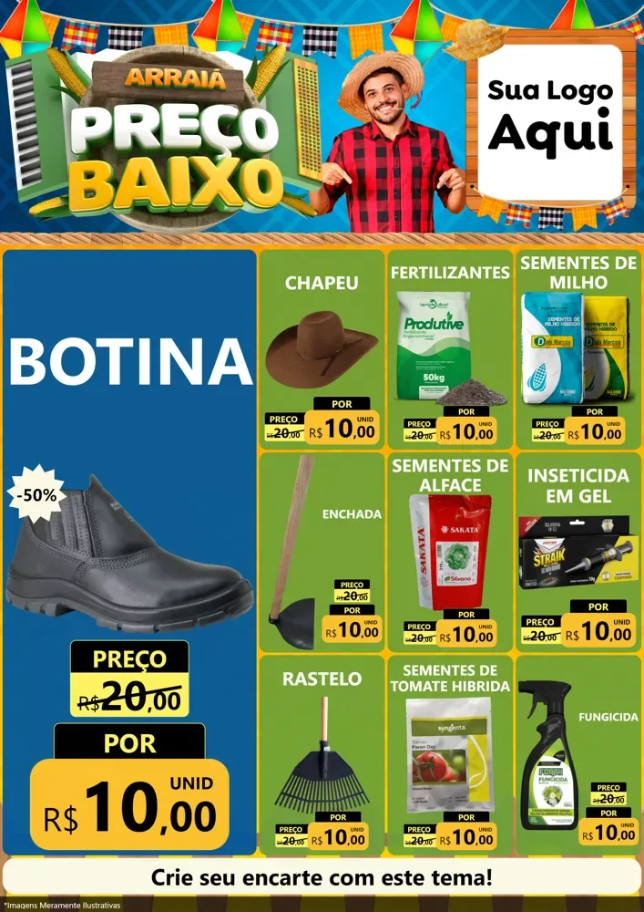 Modelo de Encarte para Encarte A4 Vertical com o tema Arraiá de Preço Baixo - Junina para Agropecuária