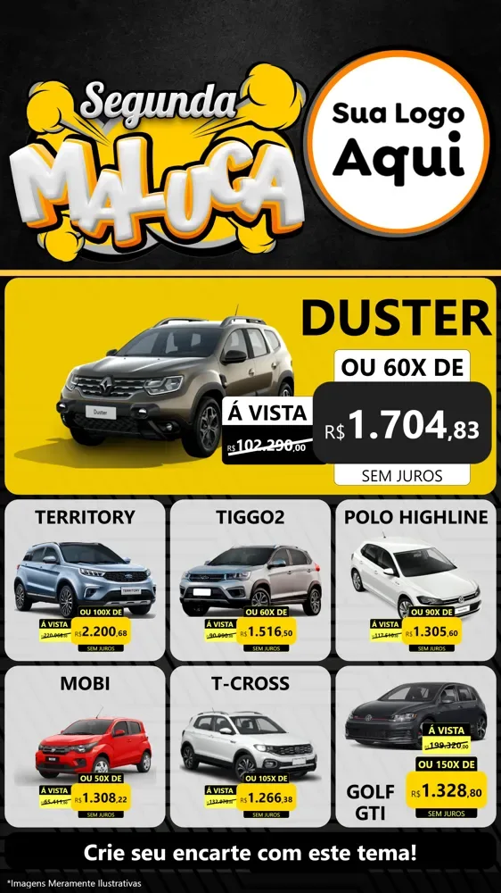 Modelo de Rede Social para Stories com o tema Segunda Maluca para Concessionaria de Carros