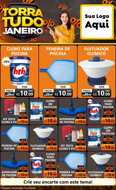 Modelo de Encarte para Encarte Grande com o tema Torra Tudo Janeiro para Produtos para Piscina