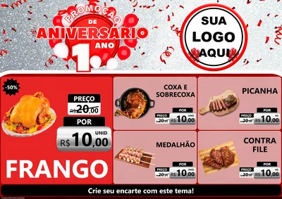 Modelo de Encarte para Encarte A4 Horizontal com o tema Promoção de Aniversário - 1 Ano para Assados