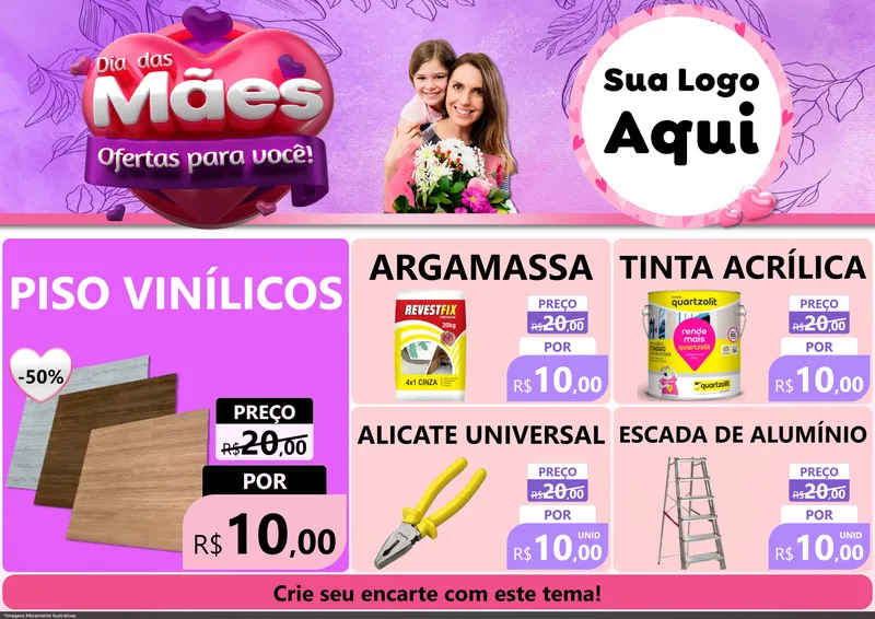 Modelo de Encarte para Encarte A4 Horizontal com o tema Dia das Mães Ofertas para Você! para Material para Construção