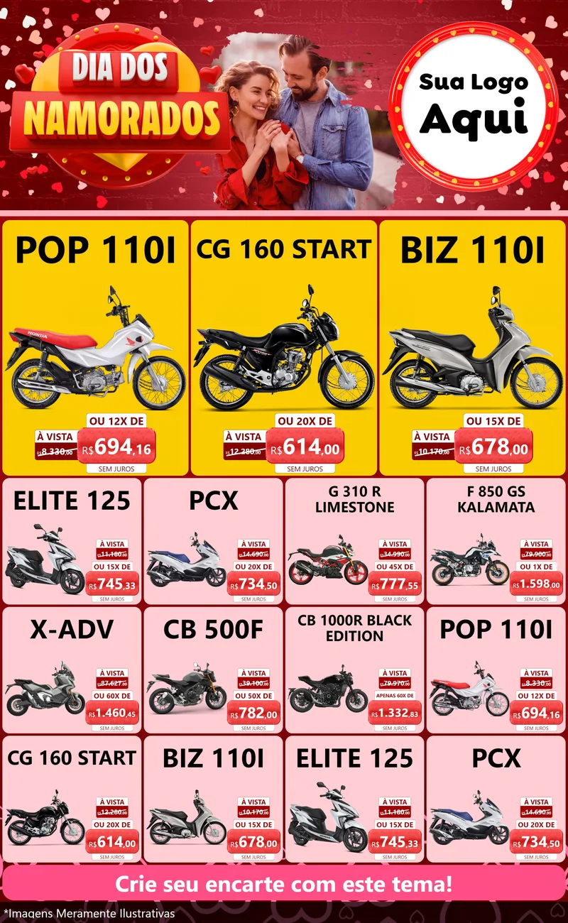 Modelo de Encarte para Encarte Grande com o tema Dia Dos Namorados para Concessionaria de Motos