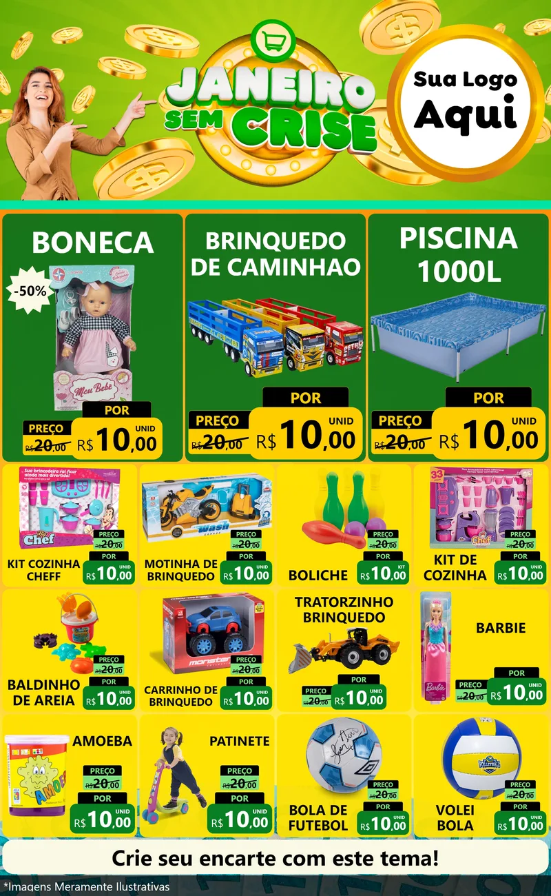Modelo de Encarte para Encarte Grande com o tema Janeiro Sem Crise para Brinquedos