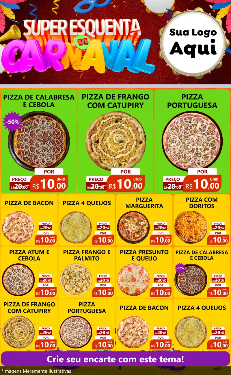 Modelo de Encarte para Encarte Grande com o tema Super Esquenta de Carnaval para Pizzaria
