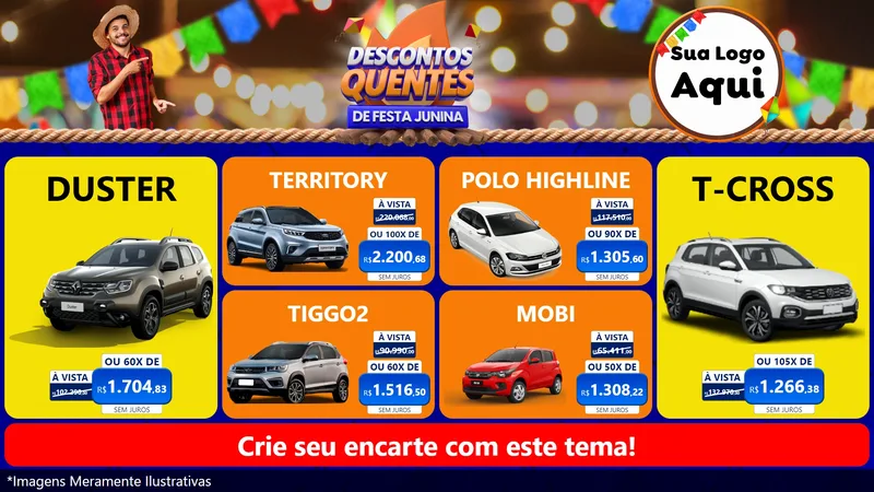 Modelo de TV para TV Horizontal com o tema Descontos Quentes de Festa Junina para Concessionaria de Carros