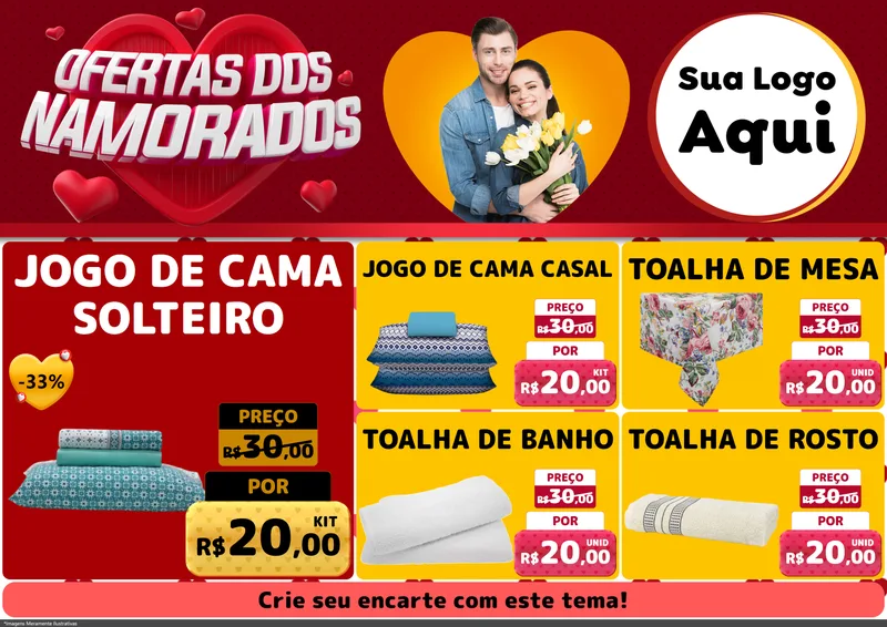 Modelo de Encarte para Encarte A4 Horizontal com o tema Ofertas Dos Namorados para Cama, Mesa e Banho