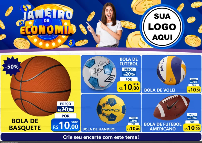 Modelo de Encarte para Encarte A4 Horizontal com o tema Janeiro da Economia para Artigos Esportivos
