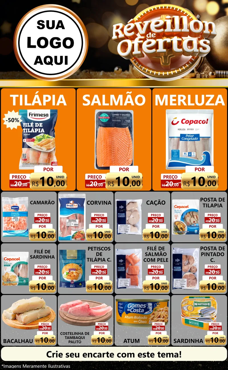 Modelo de Encarte para Encarte Grande com o tema Réveillon de Ofertas para Peixaria