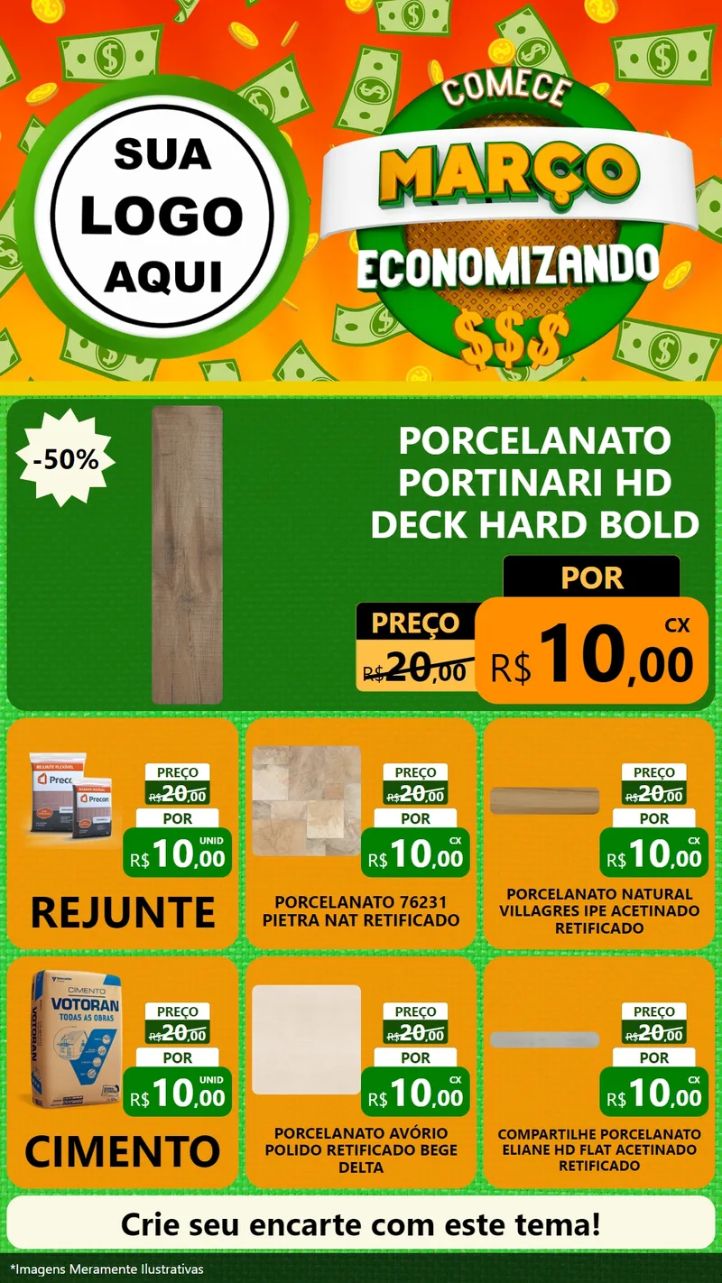 Modelo de Rede Social para Stories com o tema Comece Março Economizando para Pisos e revestimentos