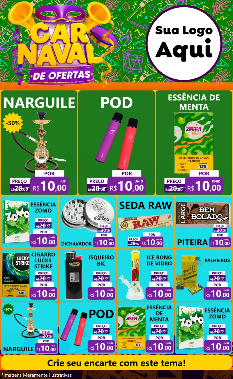 Modelo de Encarte para Encarte Grande com o tema Carnaval de Ofertas para Tabacaria