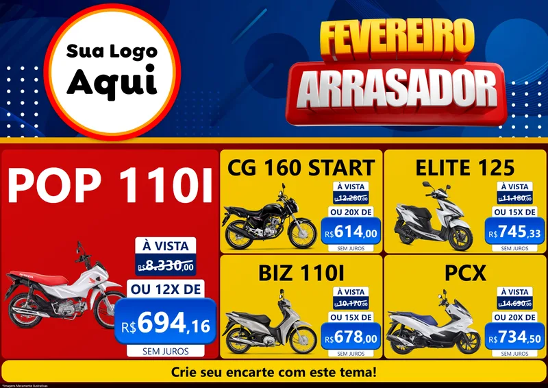 Modelo de Encarte para Encarte A4 Horizontal com o tema Fevereiro Arrasador para Concessionaria de Motos