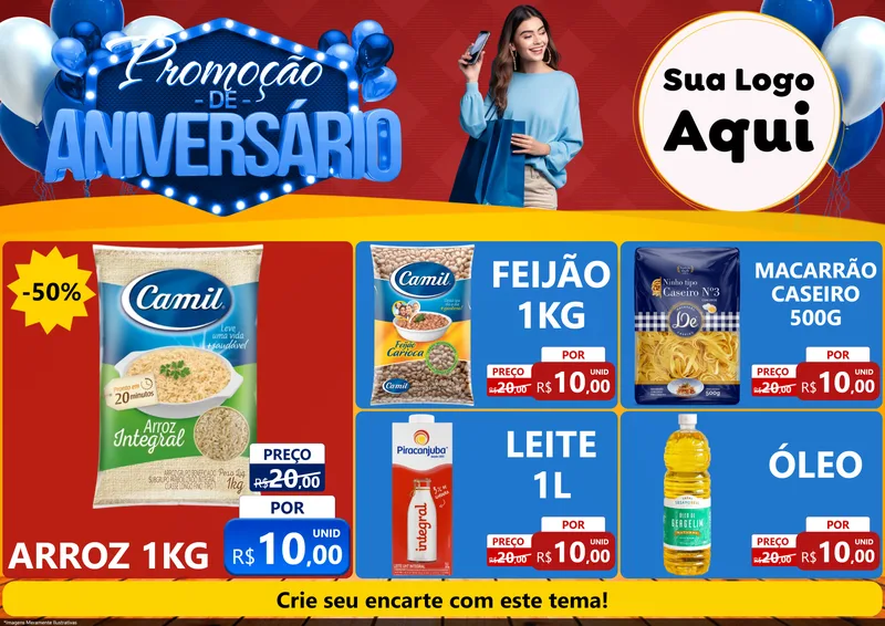 Modelo de Encarte para Encarte A4 Horizontal com o tema Promoção de Aniversário para Supermercado