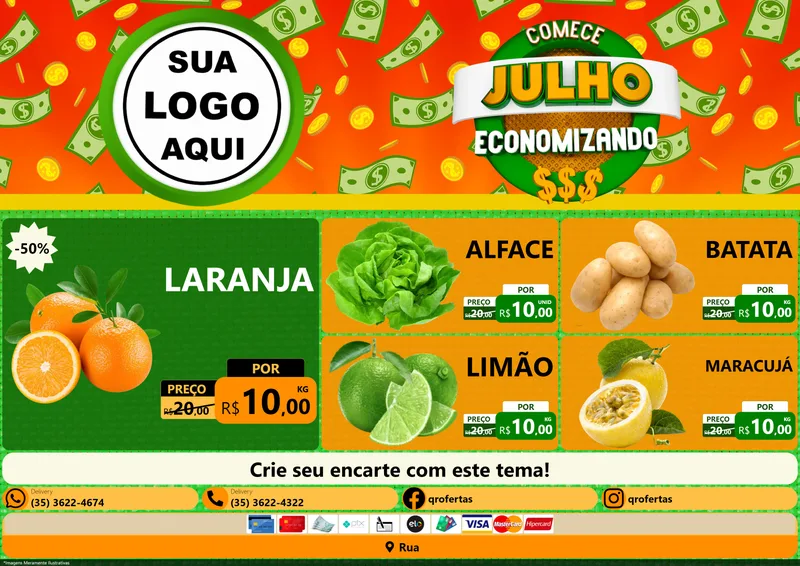 Modelo de Encarte para Encarte A4 Horizontal com o tema Comece Julho Economizando para Hortifrúti