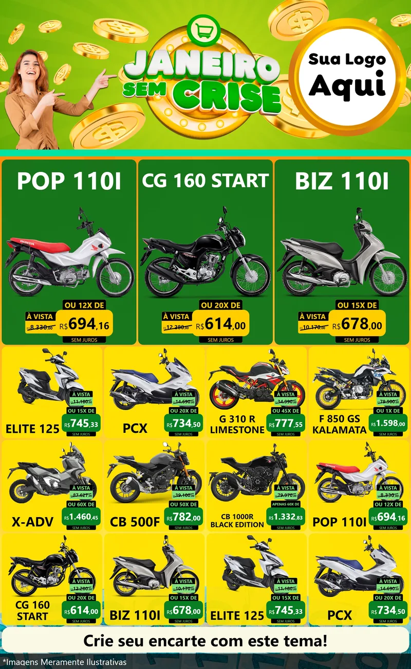 Modelo de Encarte para Encarte Grande com o tema Janeiro Sem Crise para Concessionaria de Motos