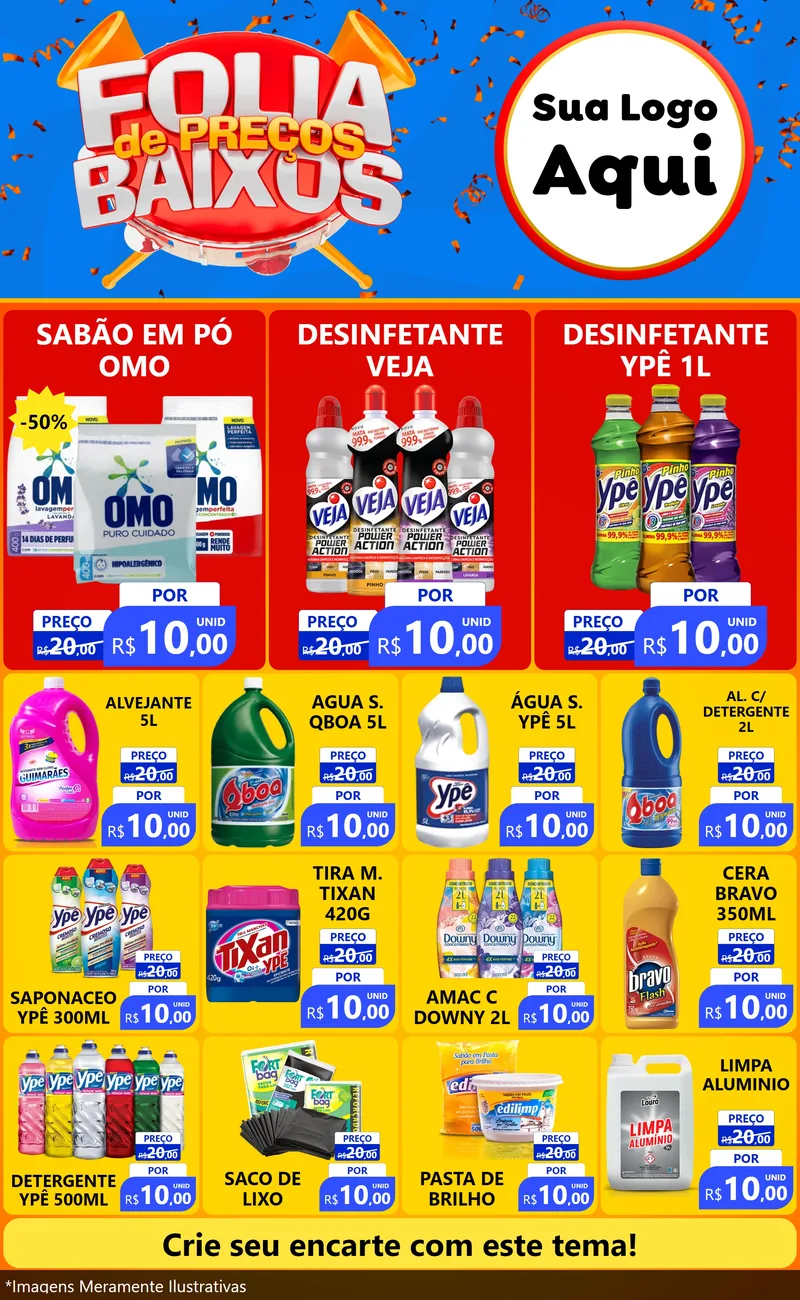 Modelo de Encarte para Encarte Grande com o tema Folia de Preços Baixos para Produtos de Limpeza