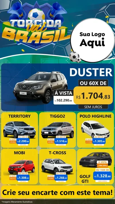 Modelo de Rede Social para Stories com o tema Torcida Vai Brasil - Copa para Concessionaria de Carros