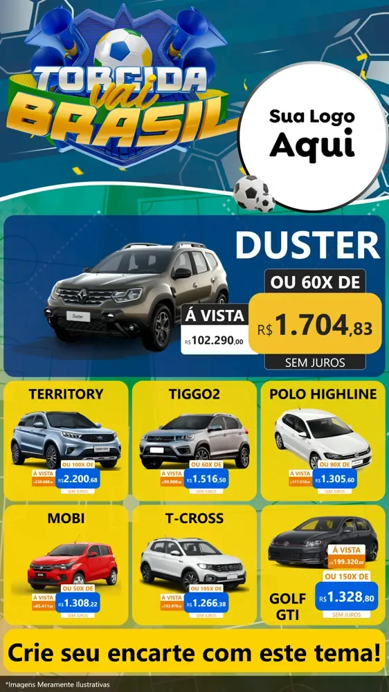 Modelo de Rede Social para Stories com o tema Torcida Vai Brasil - Copa para Concessionaria de Carros