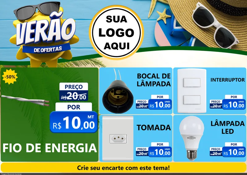 Modelo de Encarte para Encarte A4 Horizontal com o tema Verão de Ofertas para Materiais Elétricos