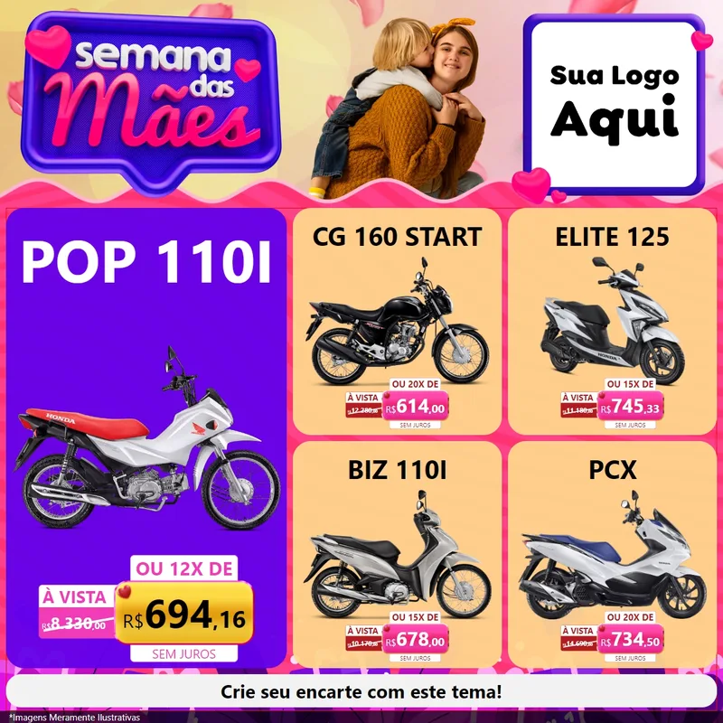 Modelo de Rede Social para Feed Facebook com o tema Semana das Mães para Concessionaria de Motos