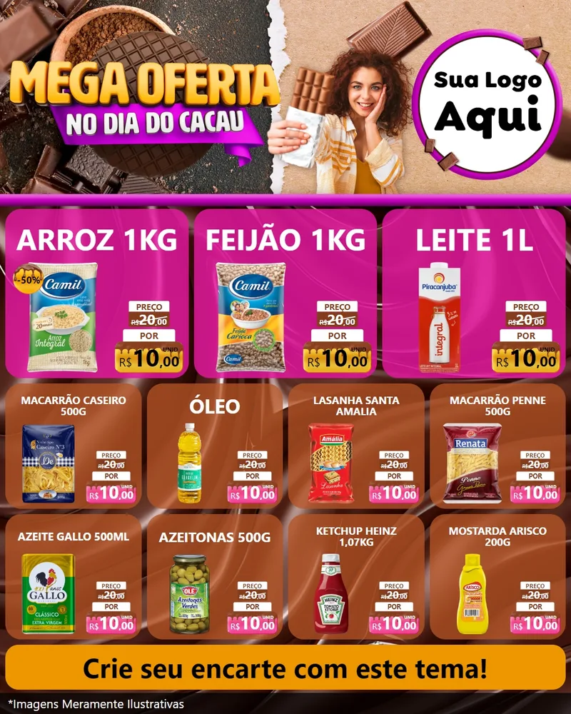 Modelo de Rede Social para Feed Instagram com o tema Mega Oferta no Dia do Cacau para Supermercado