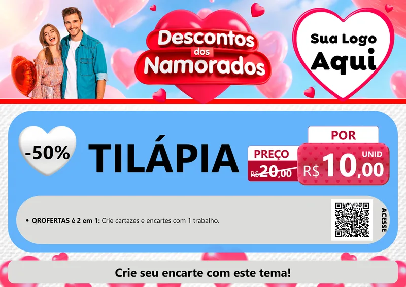 Modelo de Cartaz para Cartaz A4 Horizontal com o tema Descontos dos Namorados para Peixaria