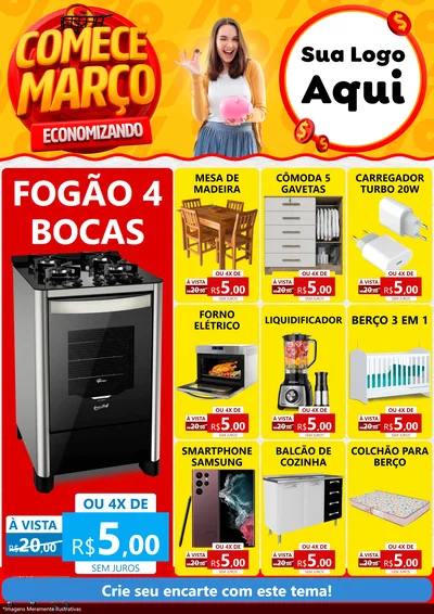 Modelo de Encarte para Encarte A4 Vertical com o tema Comece Março Economizando para Móveis e Eletro