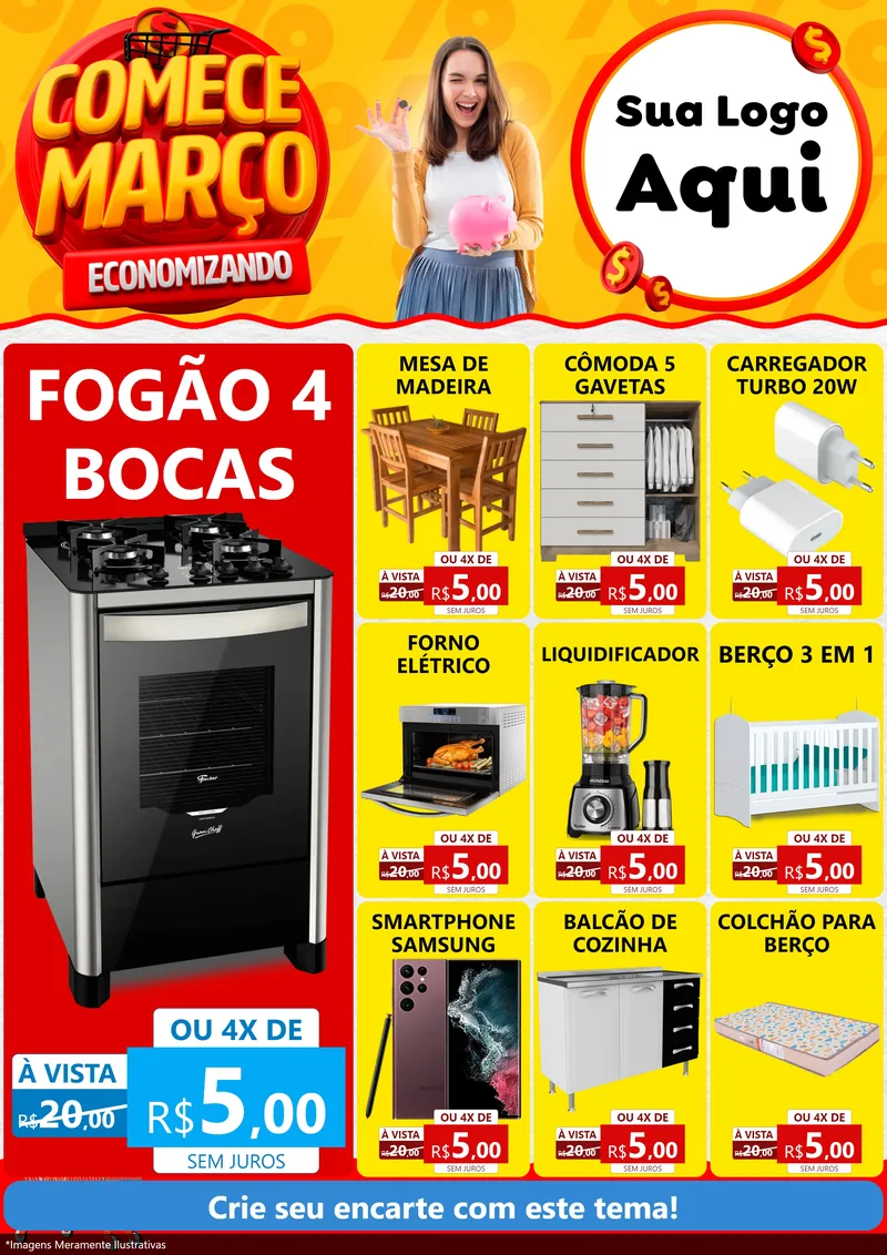 Modelo de Encarte para Encarte A4 Vertical com o tema Comece Março Economizando para Móveis e Eletro