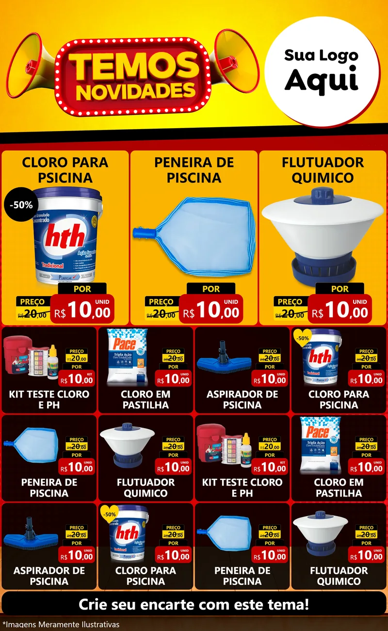 Modelo de Encarte para Encarte Grande com o tema Temos Novidades para Produtos para Piscina