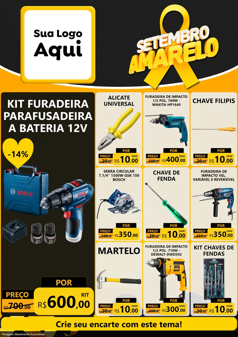 Modelo de Encarte para Encarte A4 Vertical com o tema Setembro Amarelo para Maquinas e Ferramentas