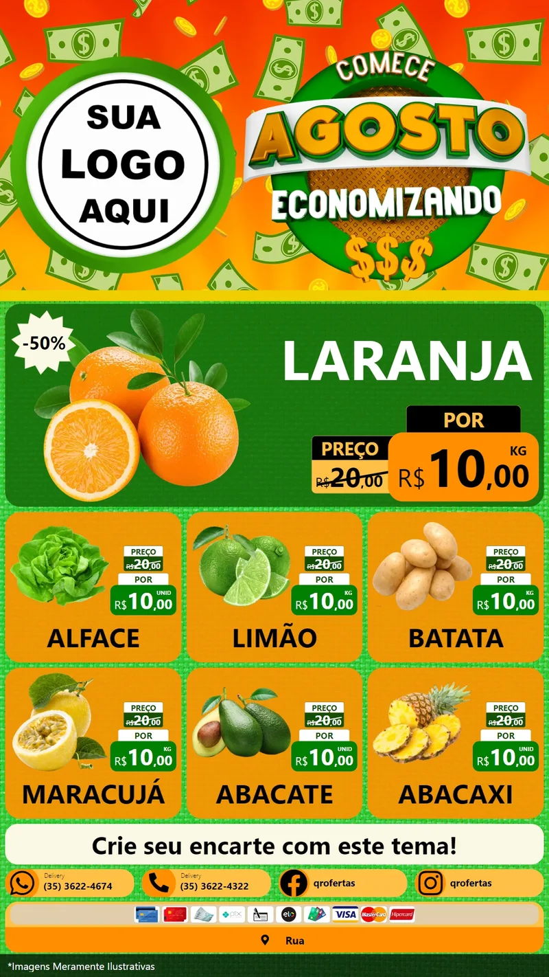 Modelo de Rede Social para Stories com o tema Comece Agosto Economizando para Hortifrúti