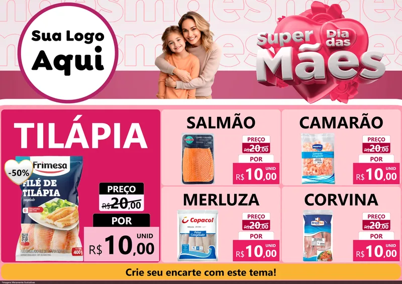 Modelo de Encarte para Encarte A4 Horizontal com o tema Super Dia Das Mães para Peixaria