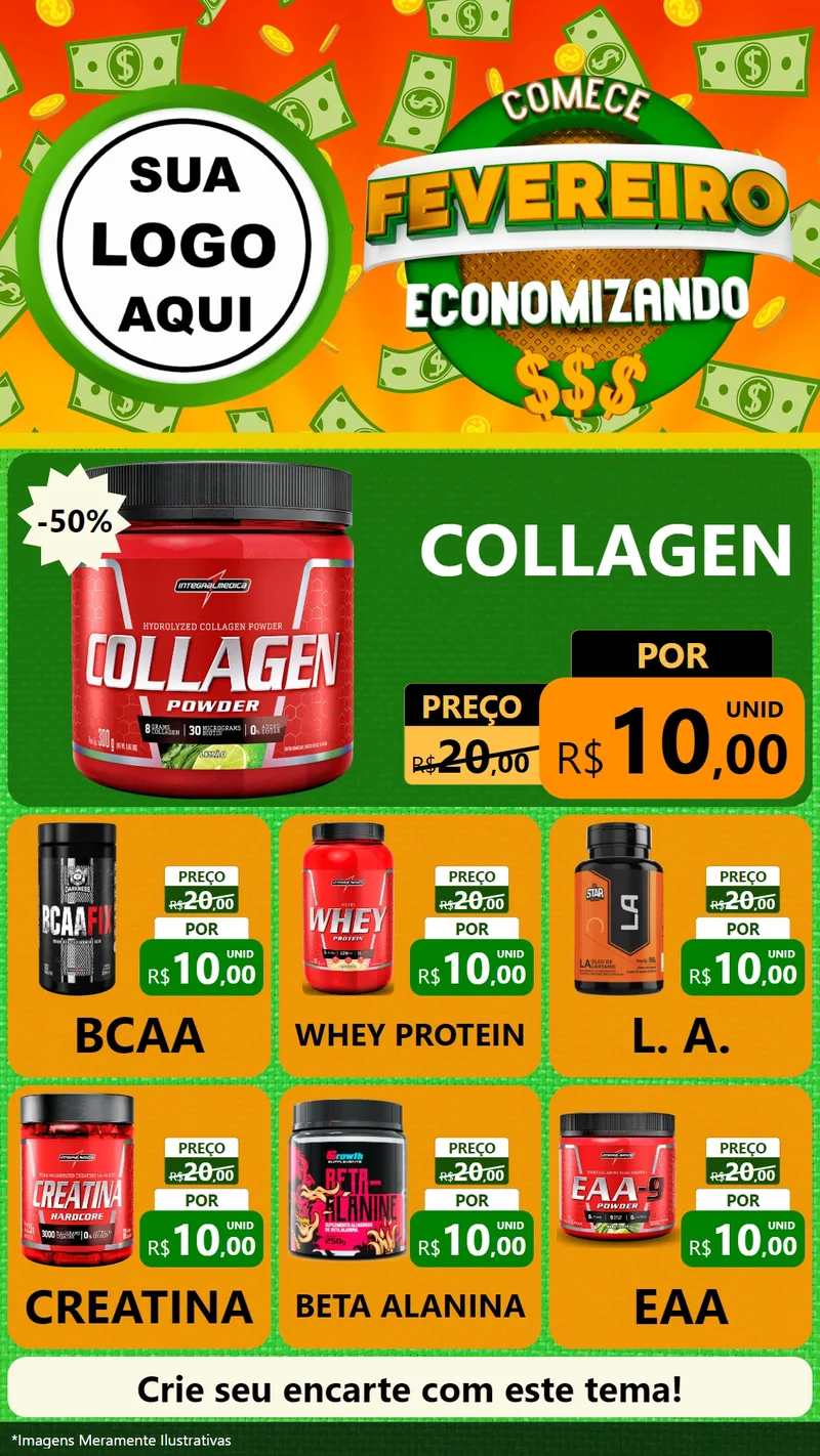 Modelo de Rede Social para Stories com o tema Comece Fevereiro Economizando para Suplementos alimentares